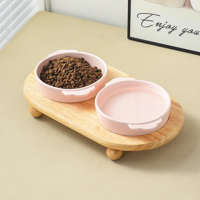 400ml Cat Food Water Bowl Double Pet Ceramic Bowls with Wooden Stand Small Dogs Drinking Eating Basin Plate Pet Supplies 4