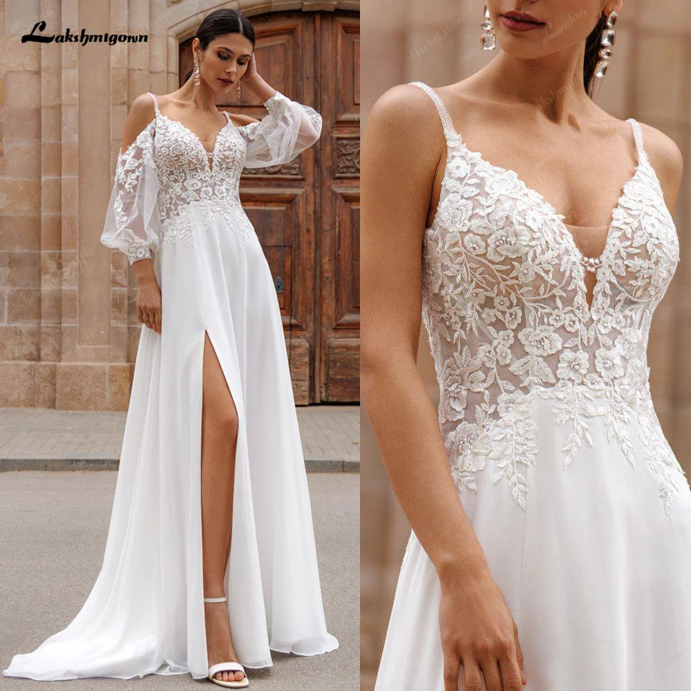 Lakshmigown Puffy Long Sleeve Boho Beach Wedding Dresses 2026 Off Shoulder Lace Chiffon V Neck Bridal Gown Customized 1