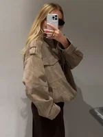Elegant Solid Suede Coats Women Turn-down Collar Full Sleeve Zipper Pocket Jackets 2025 Autumn Female Fashion Outerwear 1