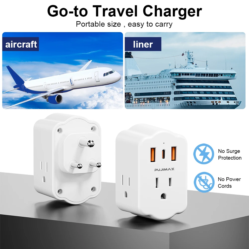  ﻿ PUJIMAX Us To India Plug Adapter, India Travel Adapter With 3 USB (1 Type C) Chargers & 3 American Outlets For USA to