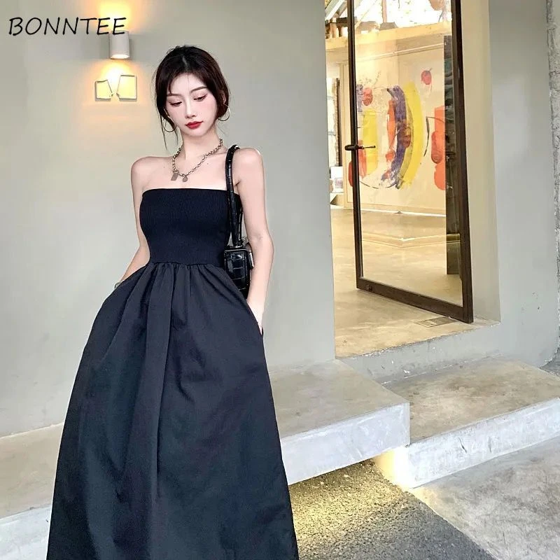 Vestido de fiesta de cintura alta para mujer, ropa elegante con descubierta, hombros descubiertos, coreano, informal, princesa Vintage, color sólido|Vestidos| - AliExpress