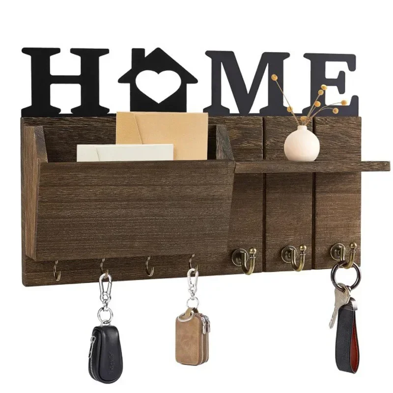 Decorative Wooden Wall Key and Mail Holder with Shelf & Large Hooks for Bags, Coats, and Umbrellas