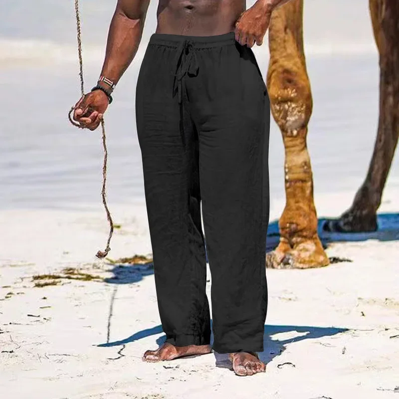 Men's Cotton Linen Pants Casual Loose Straight Pants Lightweight Drawstring Beach Trousers Mens Trousers 3