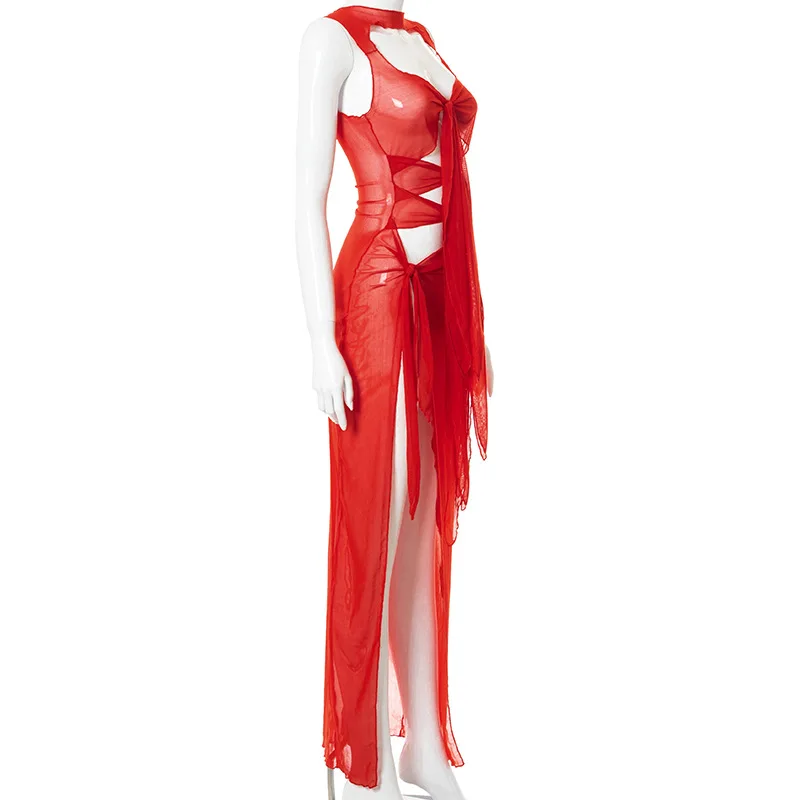 Vestidos ajustados sexis para fiesta y club para mujer, ropa de verano 2025, vestido de malla con cordones y corte liso, ropa de calle femenina