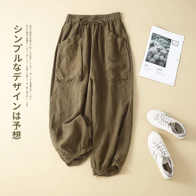 

Women's Linen Lantern Pants Summer Fashion Female Japan Style Elastic Waist Big Pockets Solid Color Simple Casual Loose Trousers