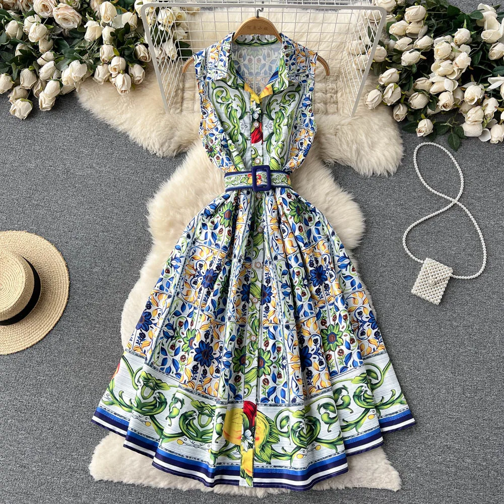 2023 Summer Runway Shirt Dress Women's Notch Collar Sleeveless Blue and White Porcelain Print Lace Up Belt Pleated Midi Dress