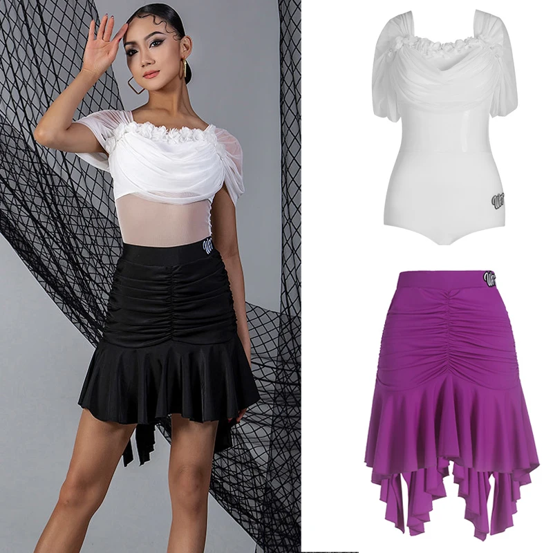 

2023 Modern Dancing Costume For Women White Latin Tops Pleated Skirts Waltz Ballroom Latin Dance Competition Clothing SL8325