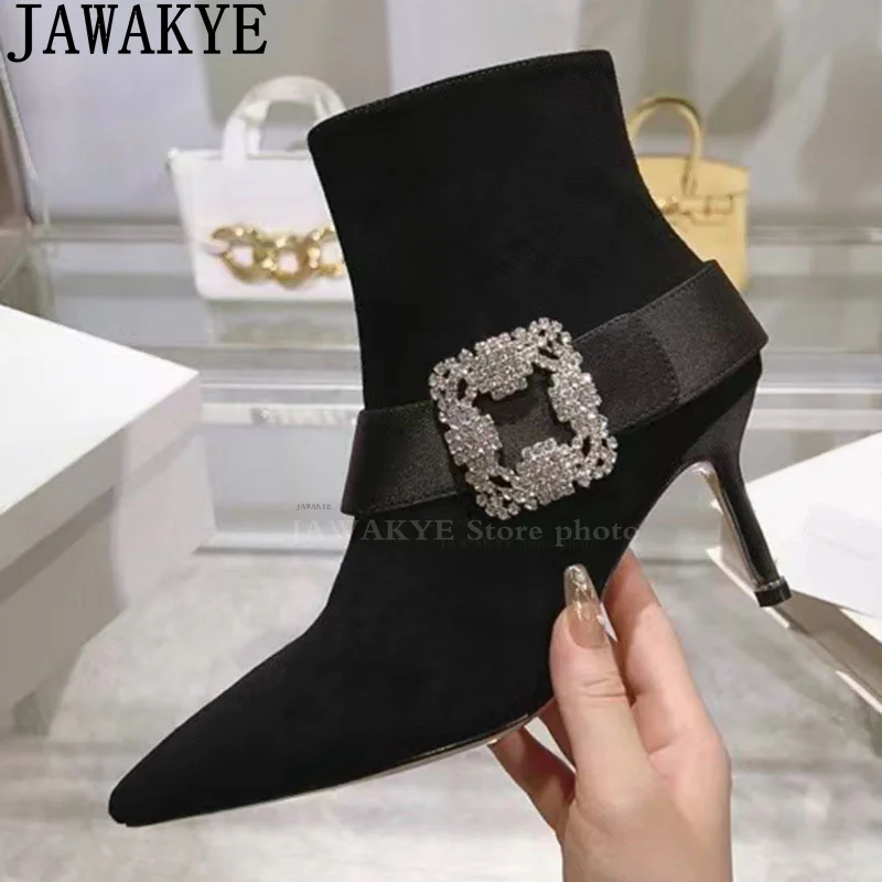 

Black Suede Pointy toe Chelsea Ankle Boots Woman Crystal Buckle Decorate Thin High Heel Short Boots Sexy Fashion Week Party Boot