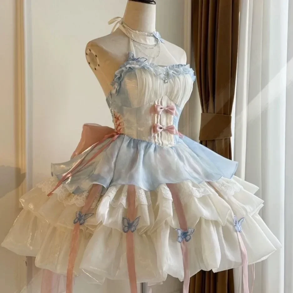 

MAGOGO Daily Lolita Princess Mini Dress Women Sweet Cute Sexy Halter Bow Color Matching Sleeveless Slim Kawaii Ball Gown Dress