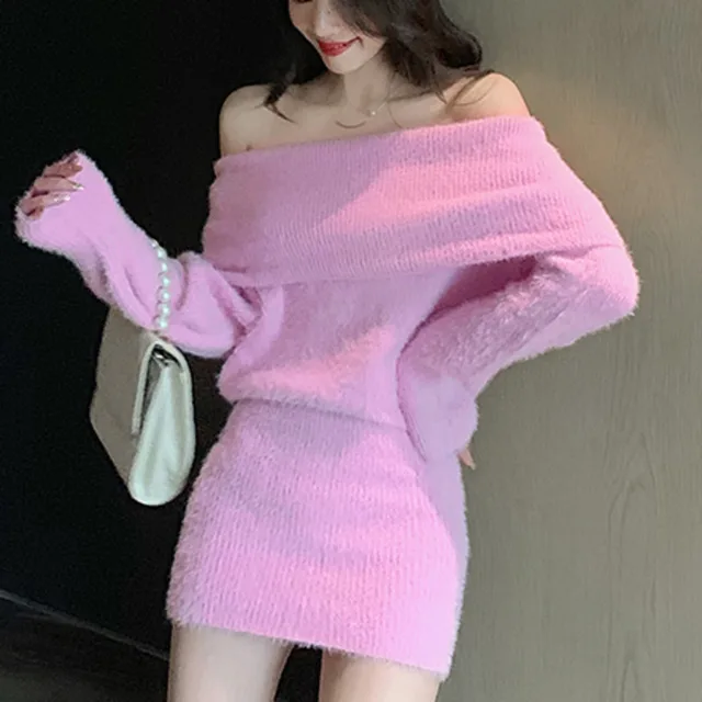 한국 밍크 플리스 스웨터 드레스, 여성 패션 솔리드 섹시한 오프 숄더 바디콘 미니 드레스로 로브 솔리드 풀오버 Vestidos, 2023
