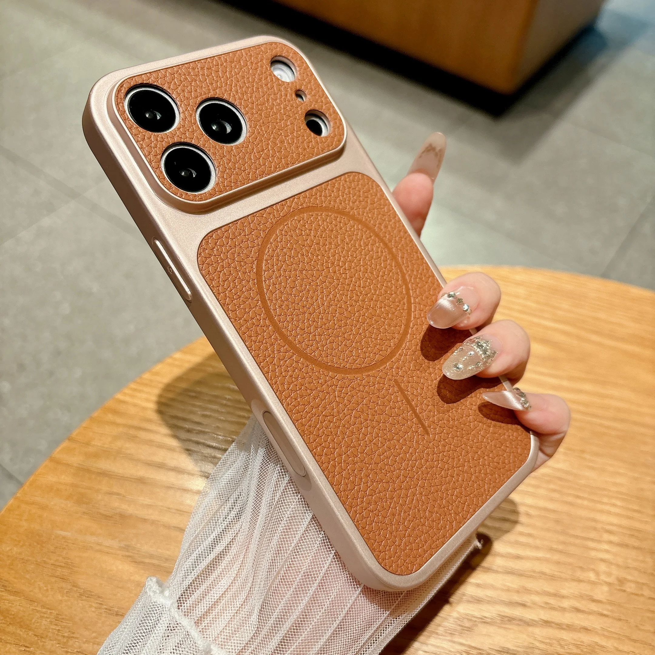 Leather Texture Magnetic Phone Case with Raised Lens Protection and Shockproof Design
