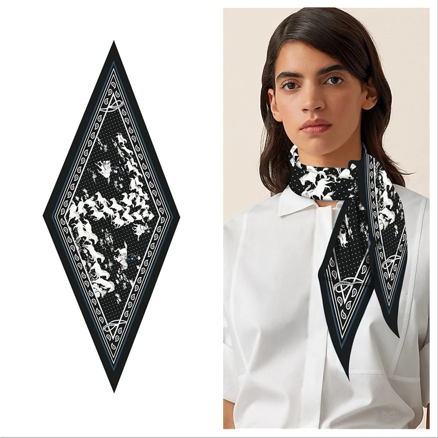 

Новинка 2023, женский шелковый шарф в форме алмаза, принт в виде ореха кешью и лошади, роскошный брендовый Универсальный декоративный шарф, шаль, хиджабы для женщин