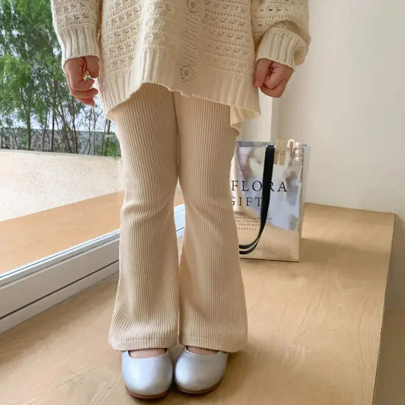 Fashion Kids Girls Cotton Ribbed Flared Pants Spring Autumn Sweet Elasticity Slim Solid Color Trousers Leisure Pants 3-7Y girls pants kids pants girls trousers