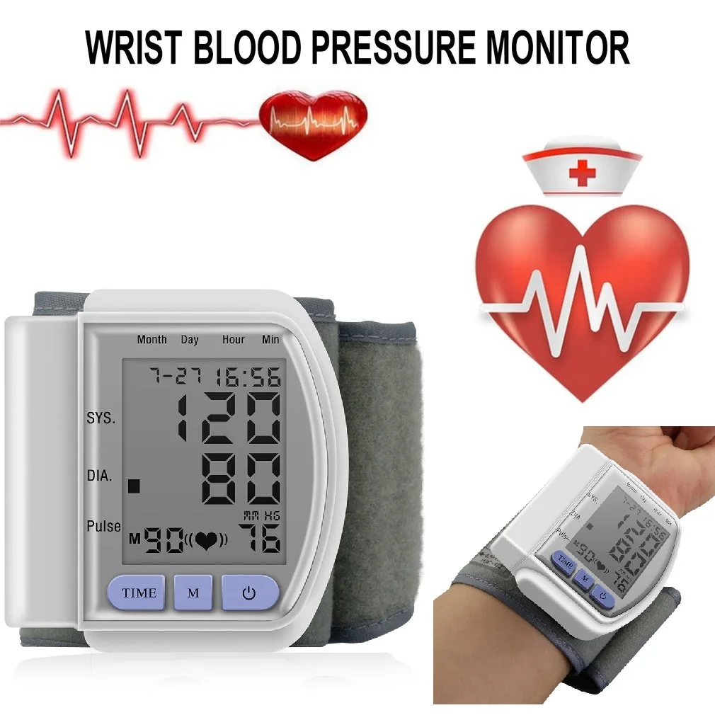 LCD Display Wrist Blood Pressure Monitor Tonometer Tensiometer Automatic Digital Pulsometer Sphygmomanometer Family Diagnostic