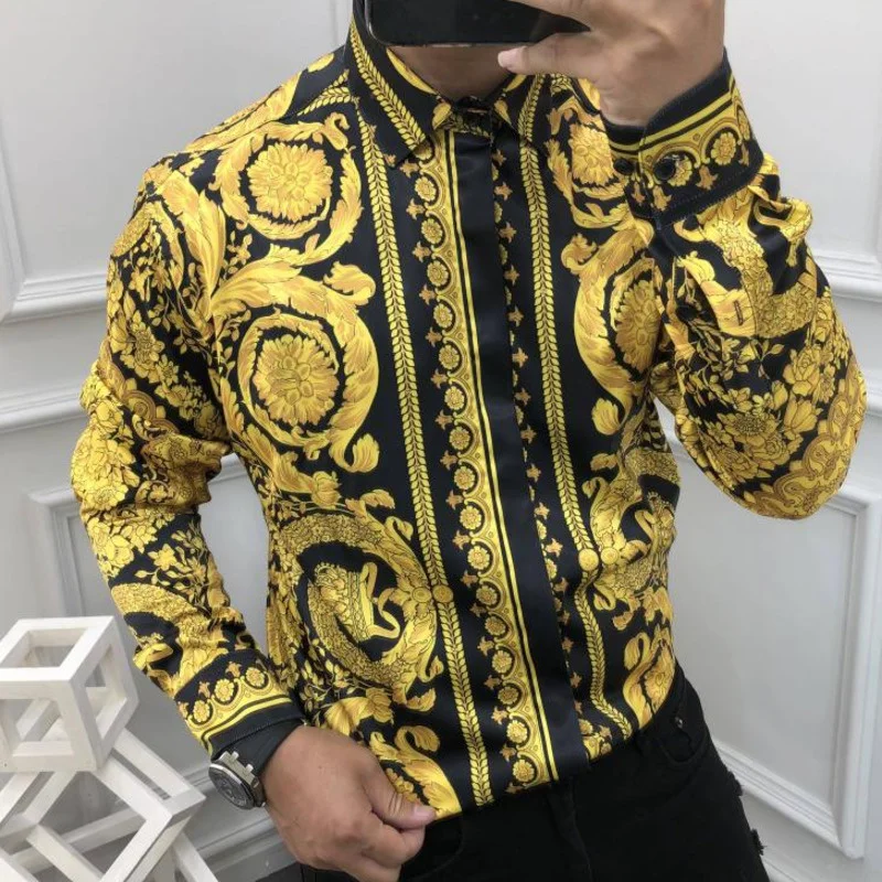 green emerald velvet dress Versace Black & Gold Baroque Silk Button Up Shirt – Savonches main image 1