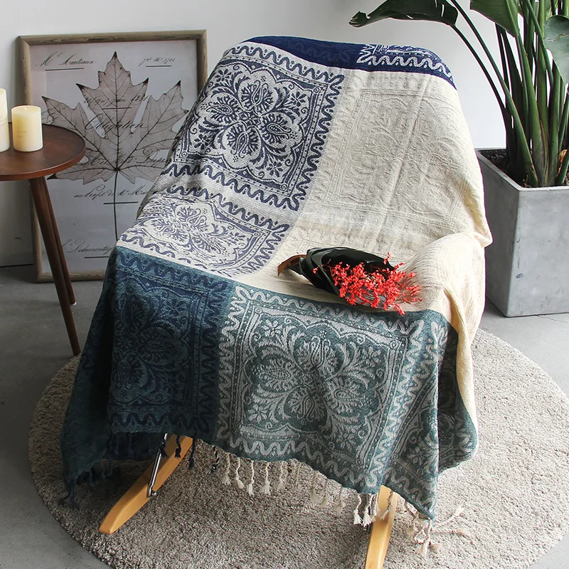 Thread Blanket with Tassel Solid Retro Nordic for Bed Sofa Air Conditioning Blanket Travel Breathable Chic Knit Throw Blanket 4