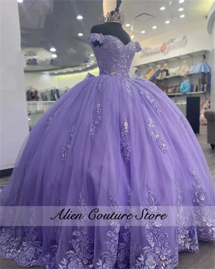 Purple Tulle Quinceanera Dress Ball Gown Bow Beaded Applique Birthday Dress Vestidos De 15 A&ntilde;os Customized