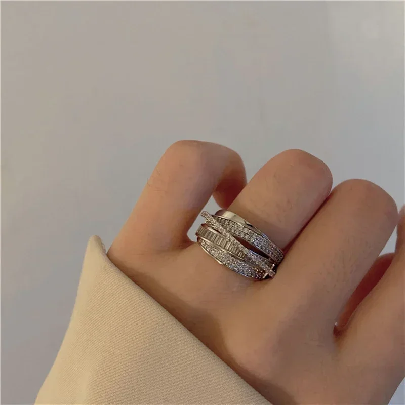 Korea Fashion Jewelry Silver Color Zircon Ring Elegant Women's Opening Adjustable Wedding Gift Luxury Accessory wedding rings finger rings zircon rings couple rings crystal rings