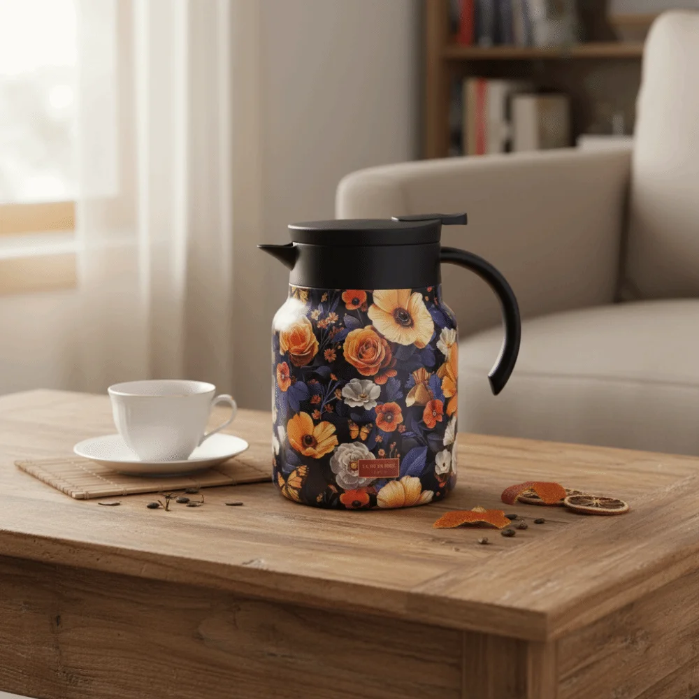 1000ml Floral Pattern Tea Kettle 316 Stainless Steel with Tea Infuser Thermal Teapot Vintage National Style Insulated Carafe