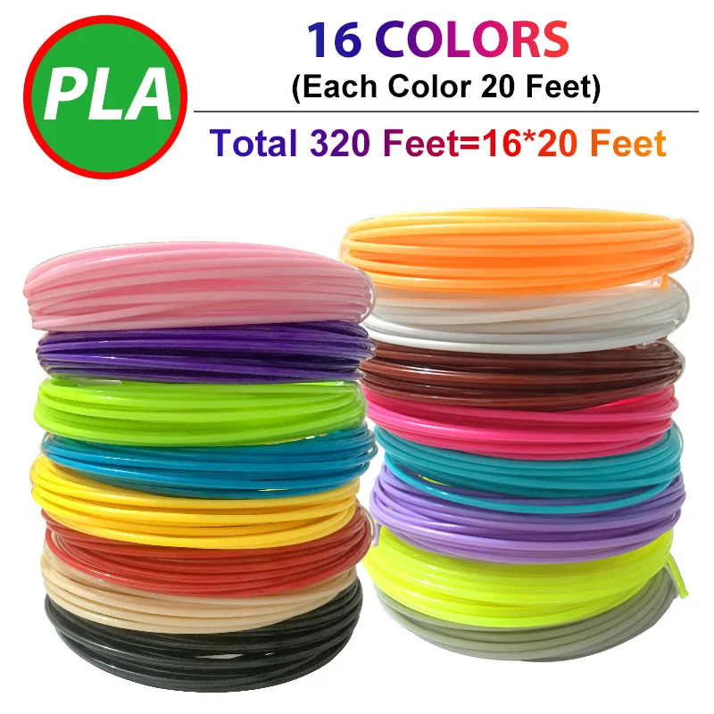 3D 펜 필라멘트, PLA, 각 색상 20 피트, 총 320 피트, 무작위 색상, 16 색, 1.75mm