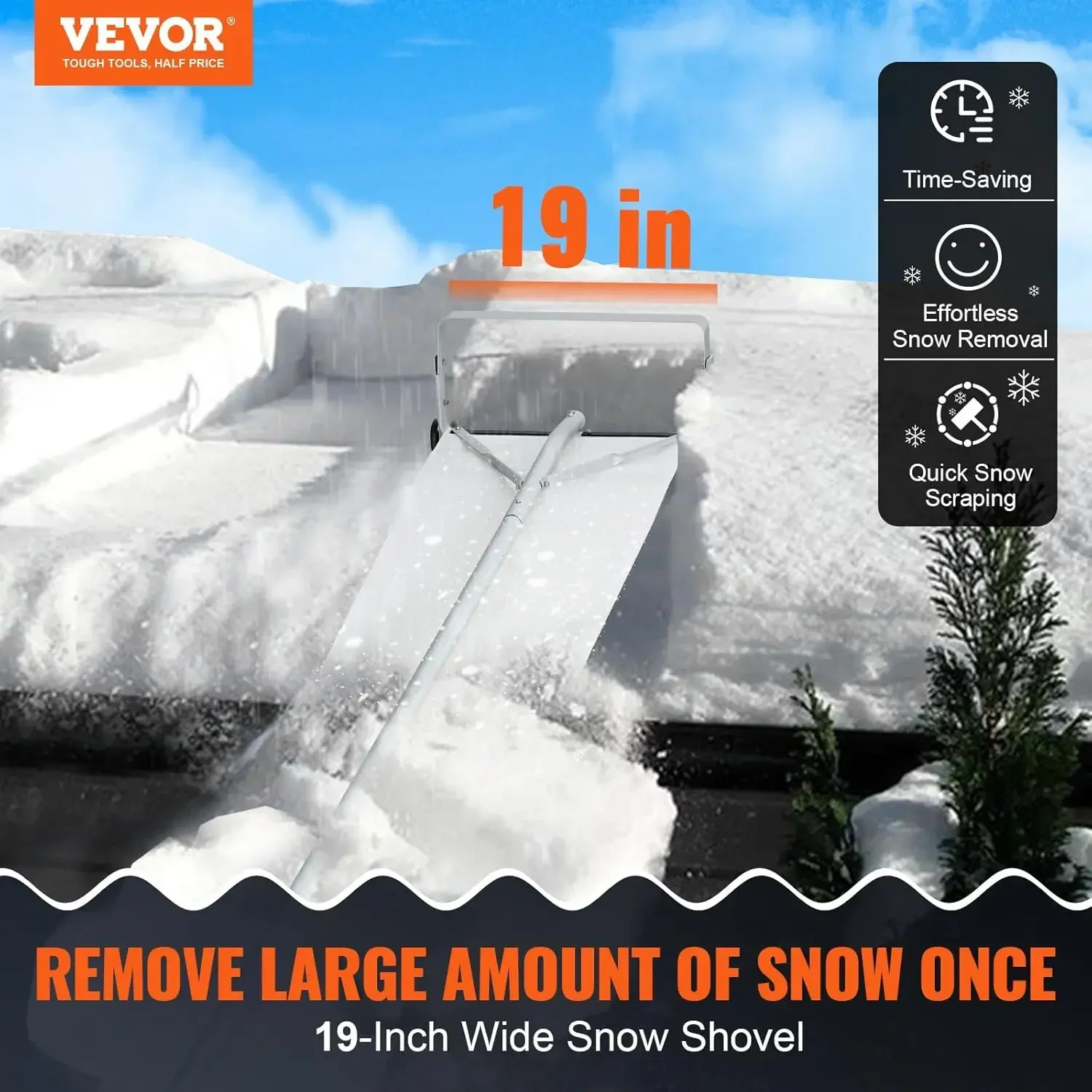 Snow Roof Rake, 30ft Reach Aluminium Roof Shovel with Slide Cloth, Premium 19" Blade Snow Removal Tool