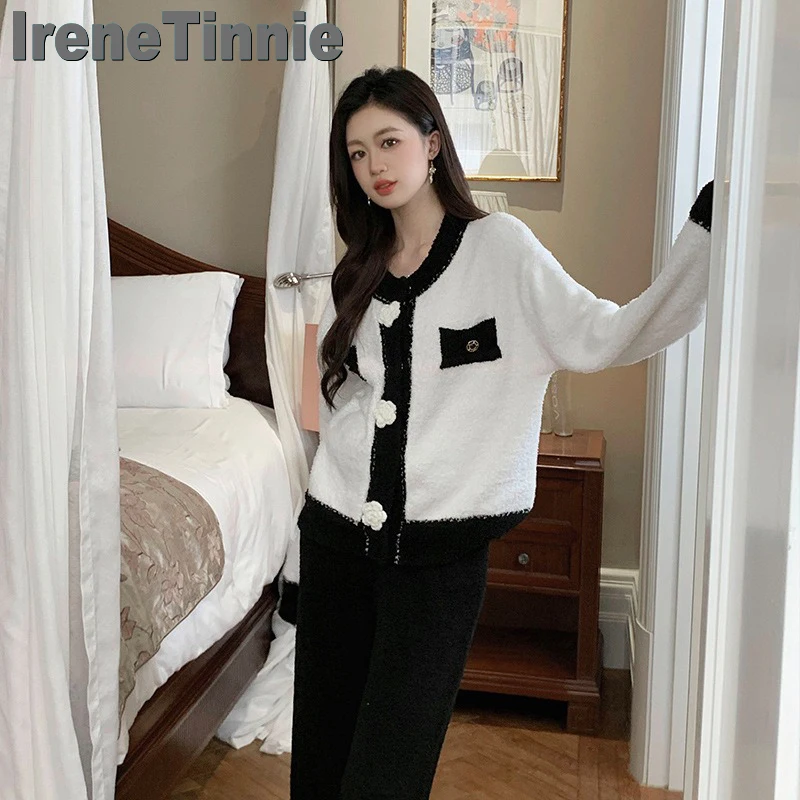 irene-tinnie-black-and-white-double-color-fashion-pajamas-women-thickened-warm-pajamas-set-winter-long-sleeve-top-pants-2-pieces