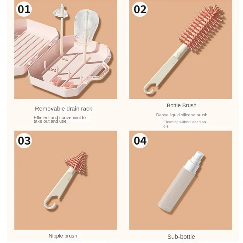 Baby Bottle Drying Rack Portable Cleaner Set with Cup Drain Cleaning Storage Box Silicone Bottle Cleaning Brush Tool Set 6 in 1 baby bottle drying rack,feeding bottle drying rack,bottle drying rack