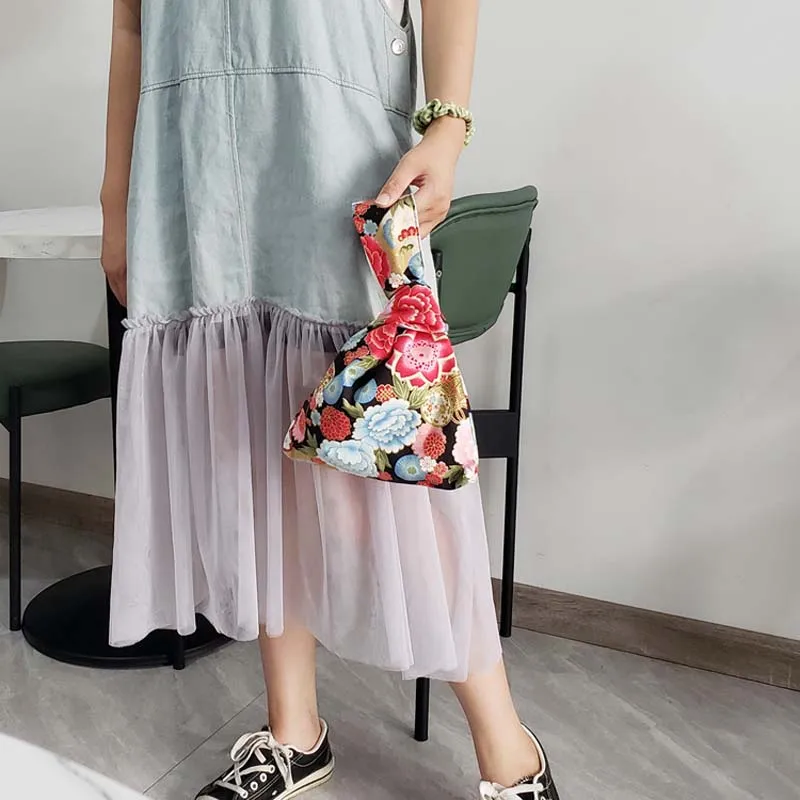 Japanese Style Portable Knot Wrist Bag Women Top Handle Tote Bag Simple Purses Handbags Shopping Phone Key Pouch