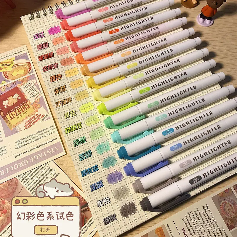 Double Headed Color Highlighter Pen High Visual Value Marking Key Point Marking Note Taking Non Smudging Paper Student