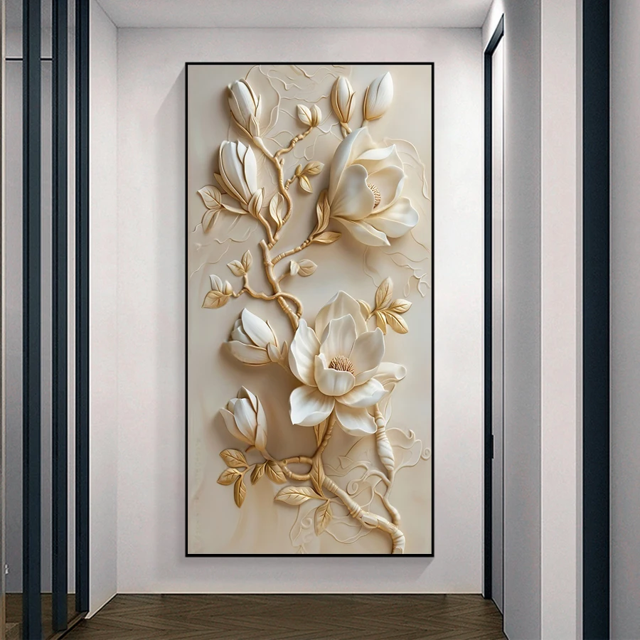 Vintage White Flower Canvas Painting Retro Magnolia Flower Wall Arts Lily - Image 2