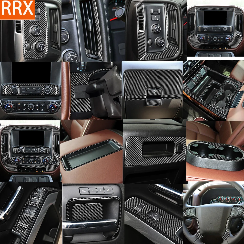Carbon Fiber Armrest Cup Holder Trim For 2014-2018 Chevy Silverado & GMC Sierra - Gloss Black Self-Adhesive