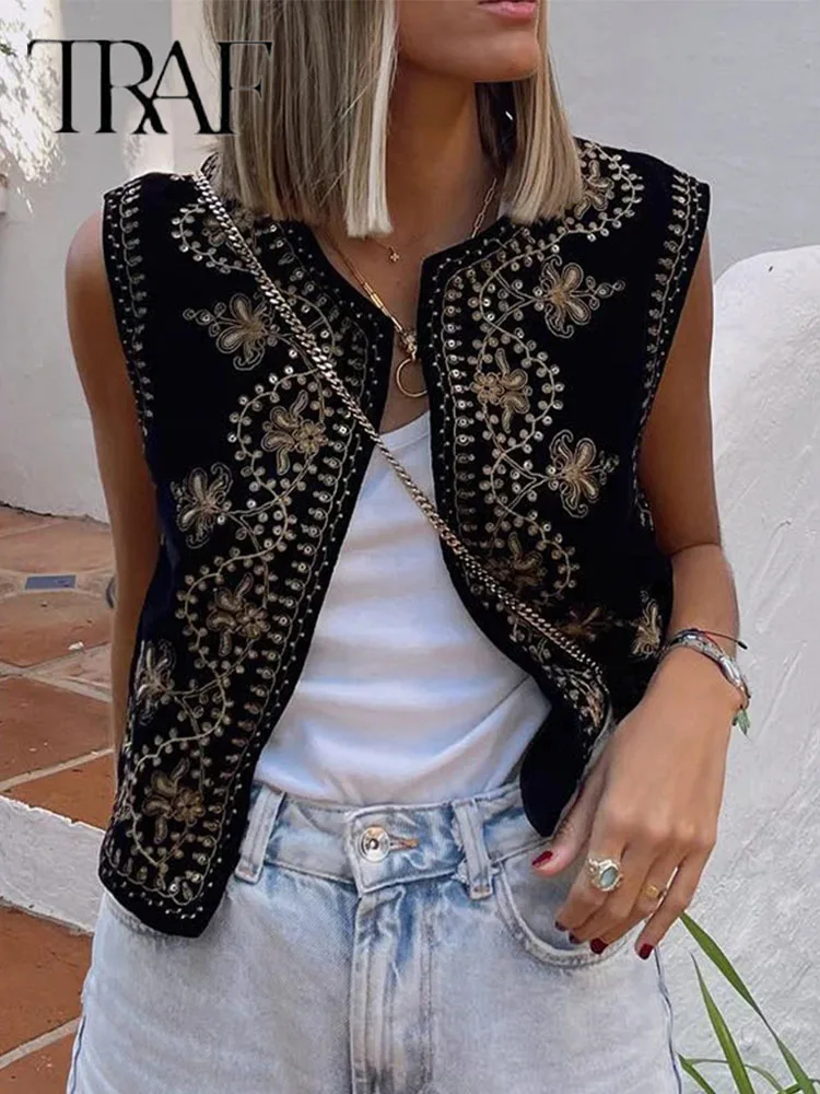 TRAF Vintage Autumn Velvet Embroidered Vest Sleeveless Jacket Women V Neck Chic Waistcoats Female Fashion Vests Coat 2023 2