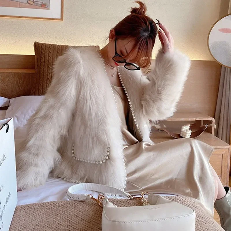 TPJB New Women Warm Winter Faux Fox Fur Jackets Women Tweed Coat Thick Jackets Turndown Collar Fashion Elegant Coats Outerwear