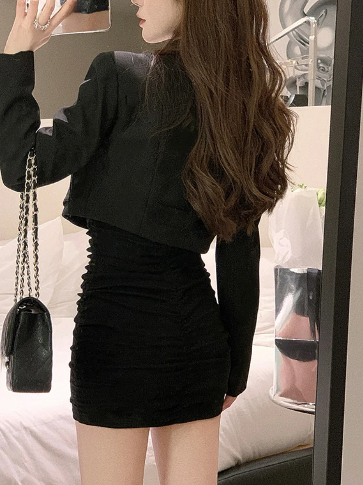 Black Bodycon Dress Women 2022 Autumn Long Sleeve Short Party Dress Office  Lady Pure Color Elegant Vintage Y2k Mini Dress Korean - AliExpress 200000345