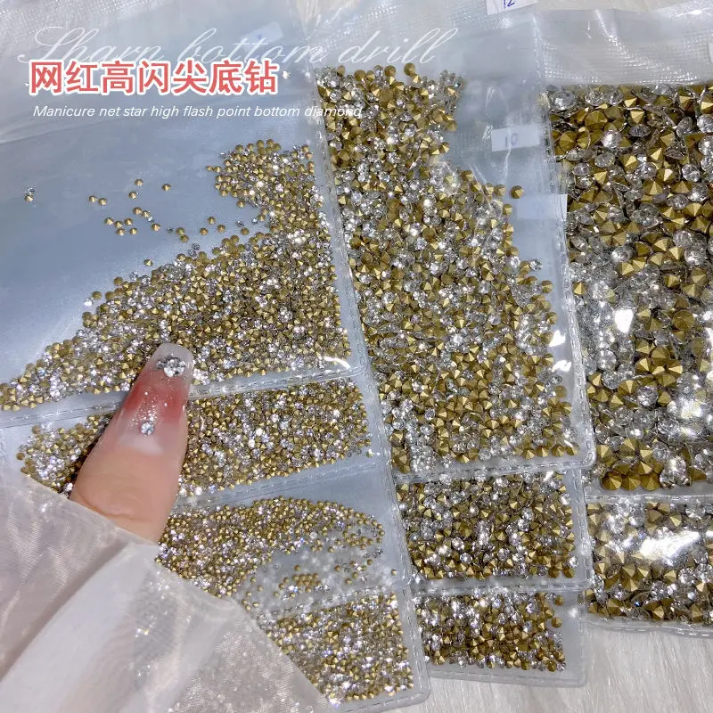 

1440PCS Pointed Bottom Round Nail Art Rhinestone Round Diamond Crystal White Mixed Size Stacked Drill 3D Fingernail Decoration