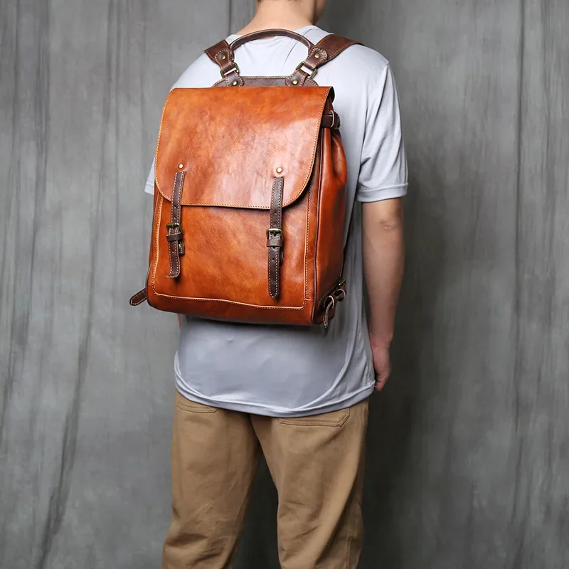 NZPJ Retro Genuine Leather Men  Backpack Vegetable Tanned Top Layer Cowhide Backpack Fashionable computer bag for 15 inch laptop