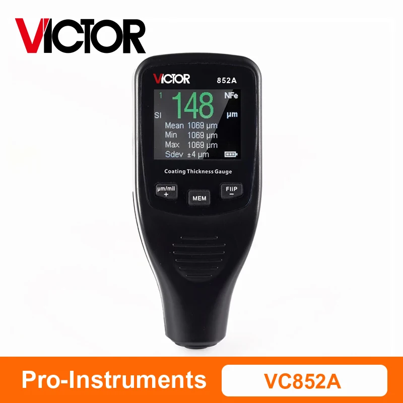 

VICTOR 852A/852E Electronic Thickness Gauge Measure Various Coating Or Plating Measuring Range: 0~1,250μm (0~50mils)
