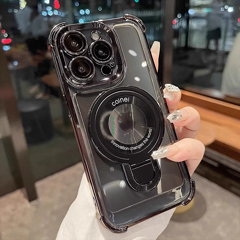 Deluxe Transparent Magnetic Shockproof Case with Adjustable Stand and Plating Finish