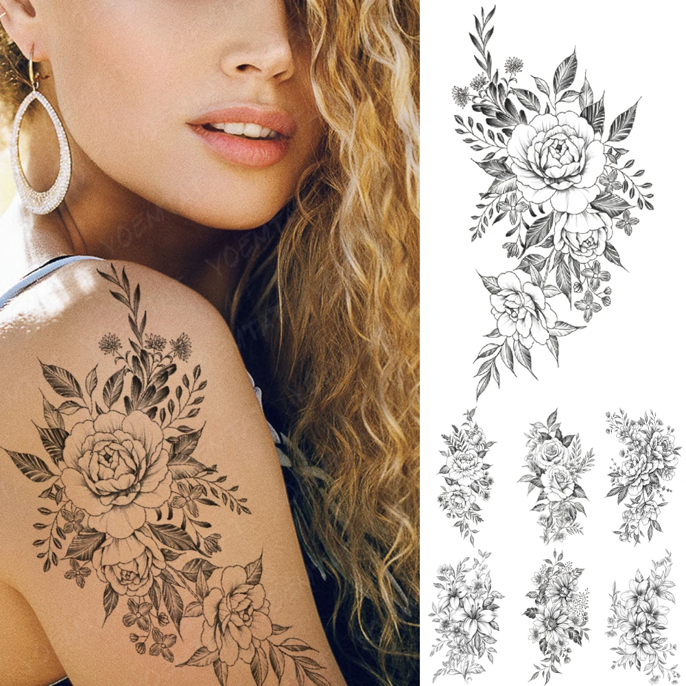 

Flower Waterproof Temporary Tattoo Sticker Peony Rose Lily Mandala Flash Tatto Line Henna Arm Body Art Fake Tattoos Women Men
