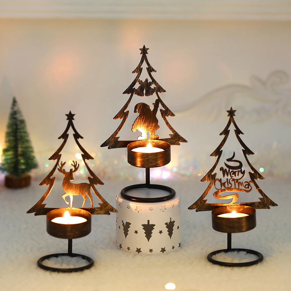 

Christmas Iron Candle Holder Santa Claus Elk Xmas Tree Candlestick Merry Christmas Decoration Tabletop Ornaments Happy New Year