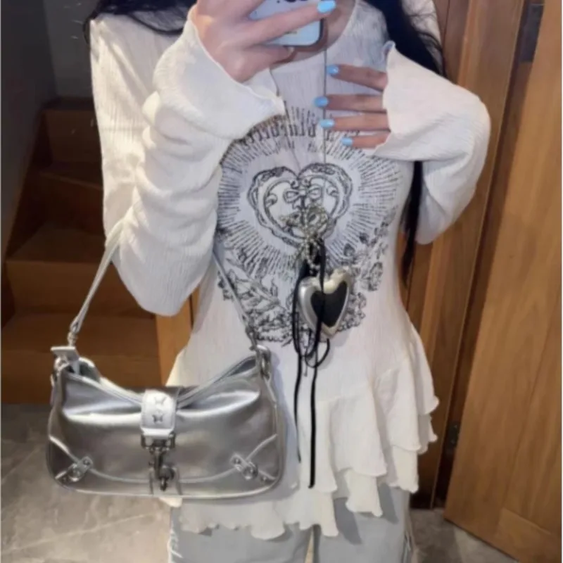 JIAERDI Hot Girls Silver Shoulder Bags Wallet Women Versatile Star Casual Underarm Bag Ladies Large Capacity Y2k Handbag 2025