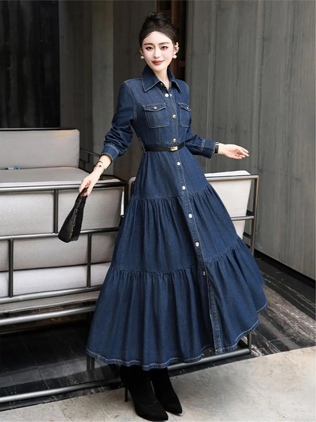 قميص نسائي قطن كم طويل ياقة كورية