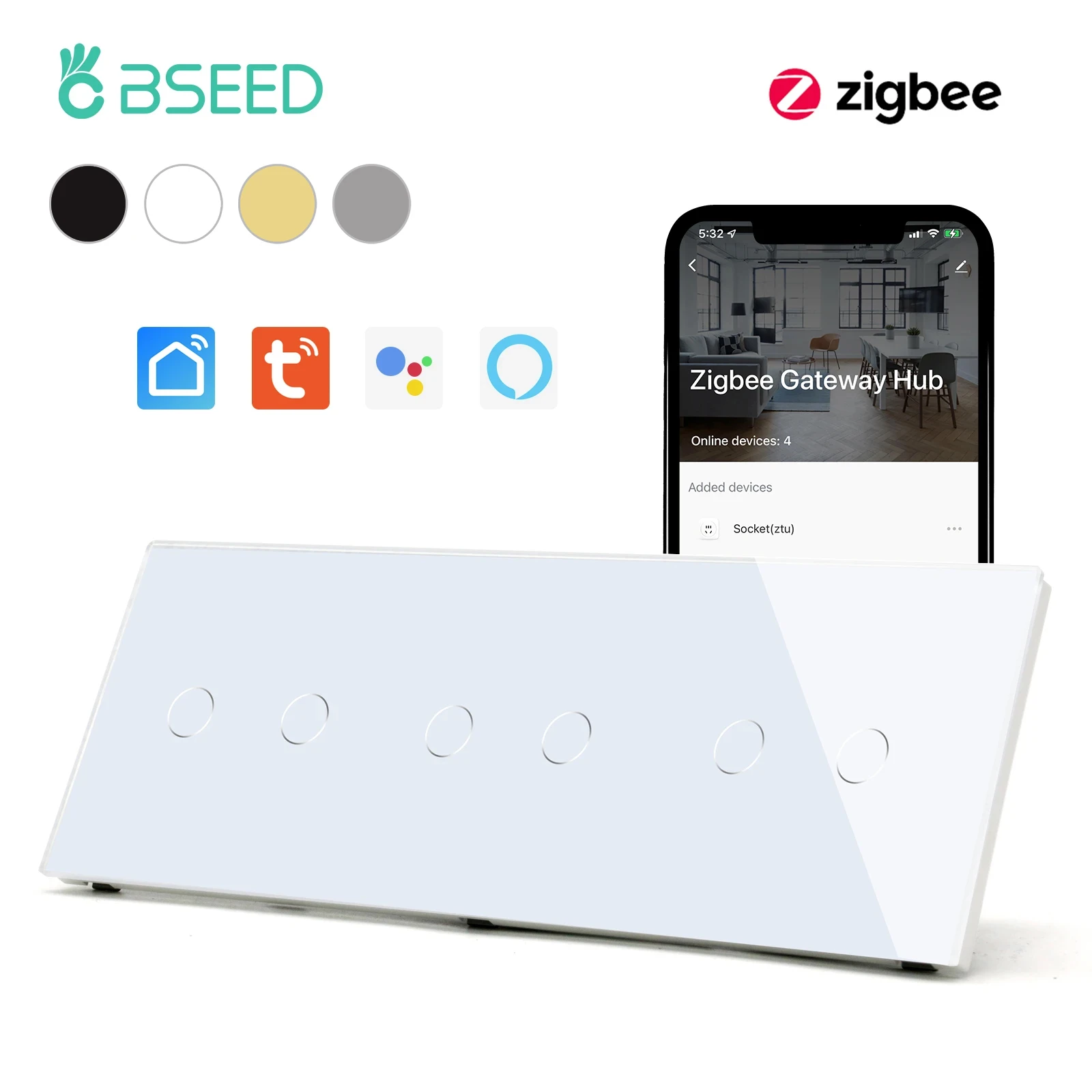 Bseed-zigbee Interruptores de Luz Inteligentes sem Fio Interruptores de Parede Tripla Interruptor de Toque Zigbee Smart Life Tuya Google Alexa Gang Gang 3gang