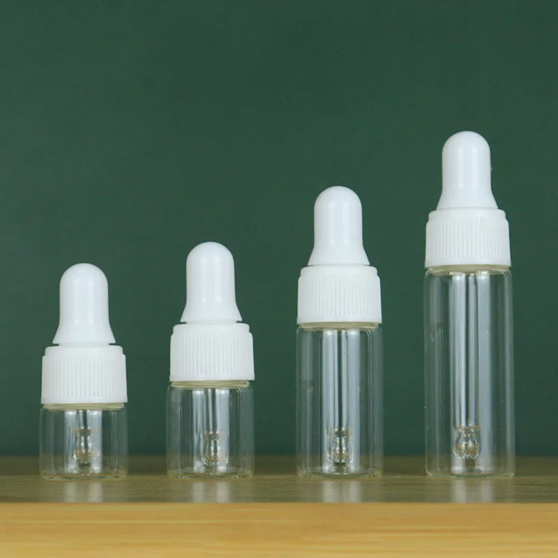 50/100PCS 투명 유리 떨어지는 병 1ml 3ml 5ml 미니 에센셜 오일 Dropper 병 블랙 캡과 빈 여행 샘플 약병