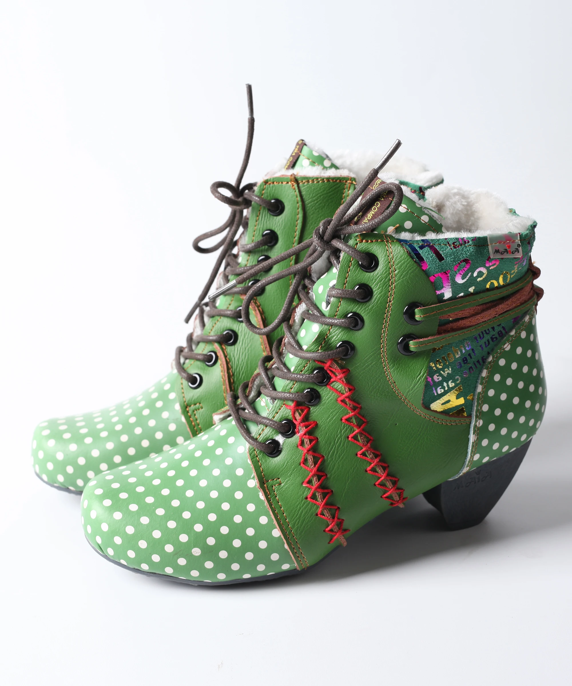 TMA AUGEN Winter Polka Dot Leder Frauen Stiefel mit Warme Faux Pelz futter und Mokassin Hand Nähte Fleece Version – Detail 6