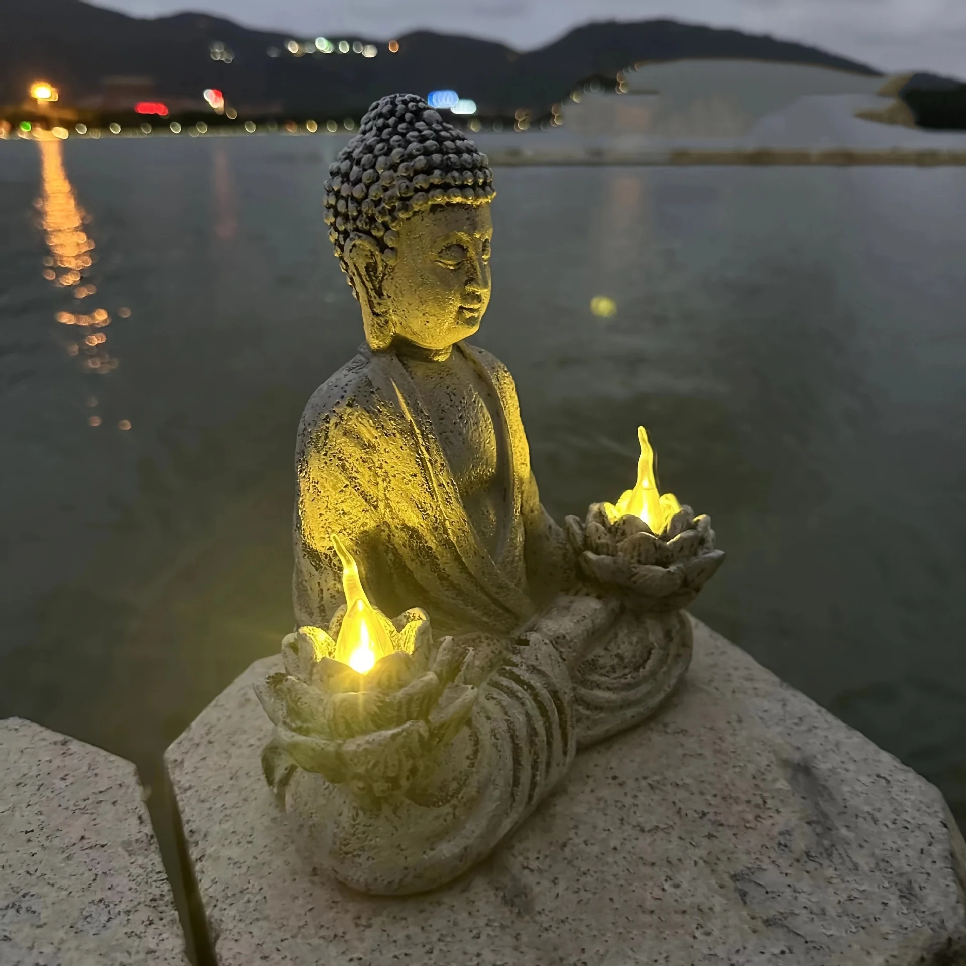 Statua di Buddha ad energia solare ispirata allo Zen con luce a LED-decorazione da giardino e ingresso in resina, ornamento da esterno  15