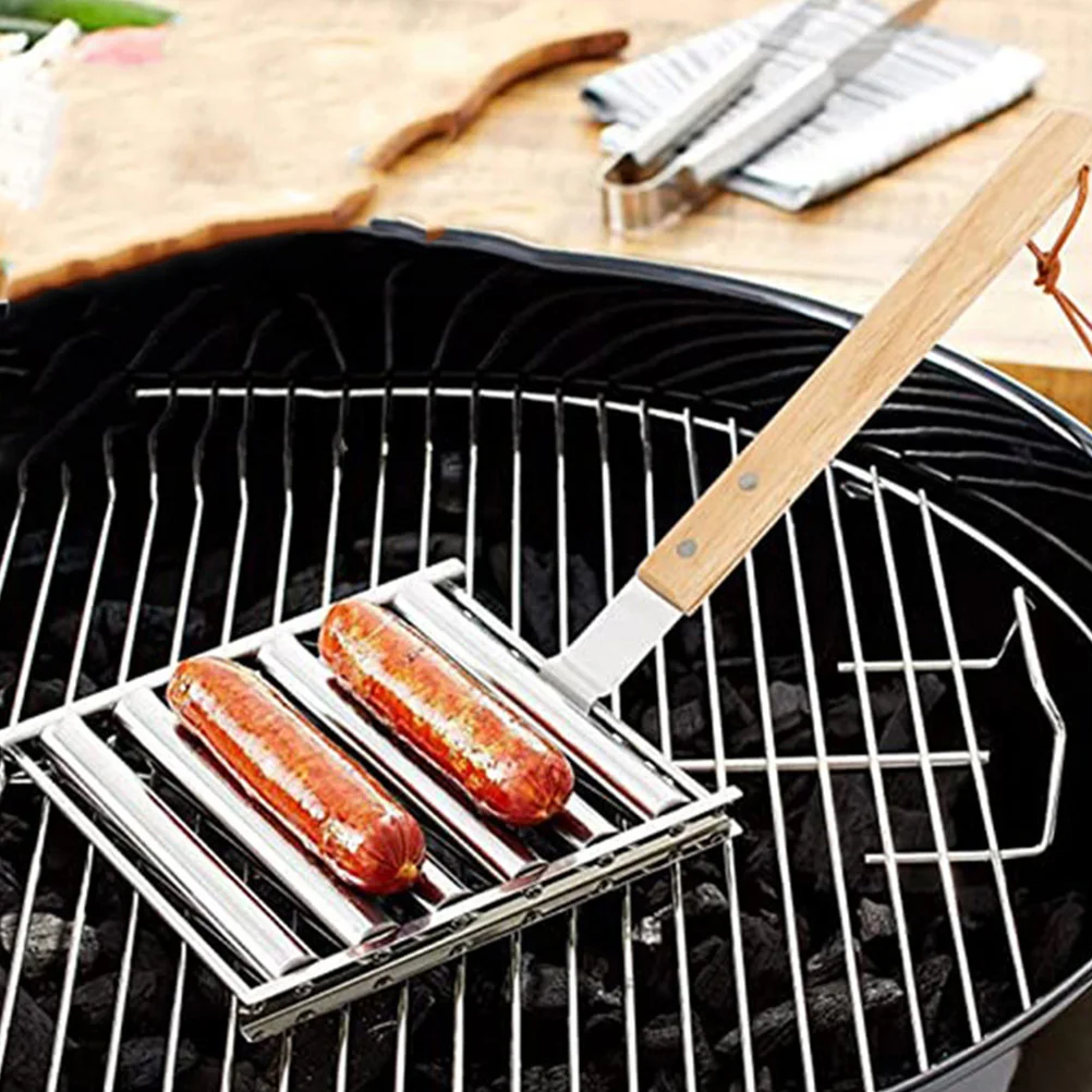 

Grilling Rack Portable Roller Camping Sausage Wood Rolling Stainless Steel Grate