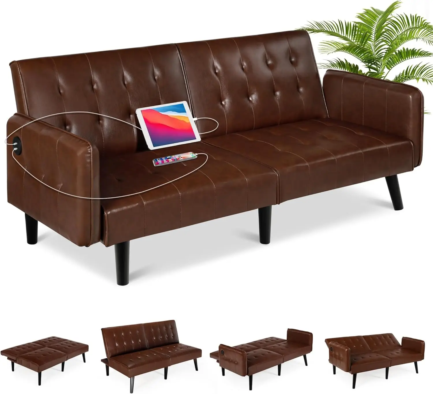 65“ Convertible Futon Sofa Bed w/ 2 USB,Tufted Small Adjustable Folding Couch Loveseat, Modern Mid Century Faux Leather Sleeper