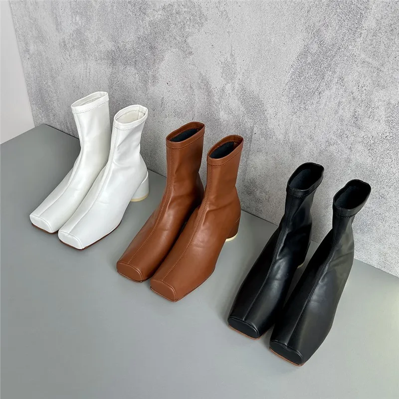 

5cm High Heels Ankle Boots Fashion Brand Square Toe Women Stretch Boots Runway Shoes Real Leather Women Round Heels Short Boots