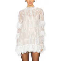 Hirigin femmes dentelle robe transparente Sexy voir à travers maille à manches longues col haut Floral couvrir Cocktail fête Mini robes 2